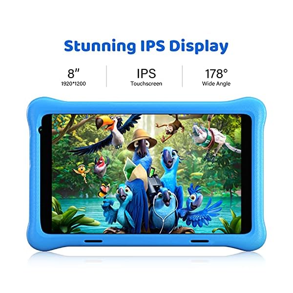 HAPPYBE 8 inch Kids Tablet, 8" Display, 1080p Full HD, Quad Core Android 10, 32GB, Parental Control, Kidoz Installed, WiFi, Dual Camera Google Play, YouTube, Children’s Tablets, Kid-Proof Case (Blue)