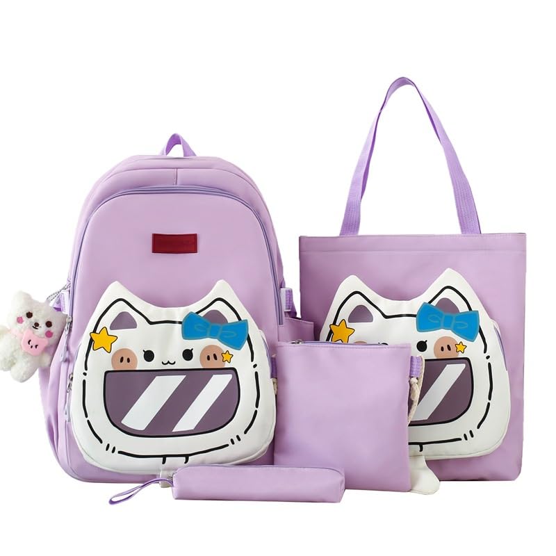 Yindella4-Piece Cartoon Cat Backpack Set with Tote Bag and Accessories – Cute and Functional