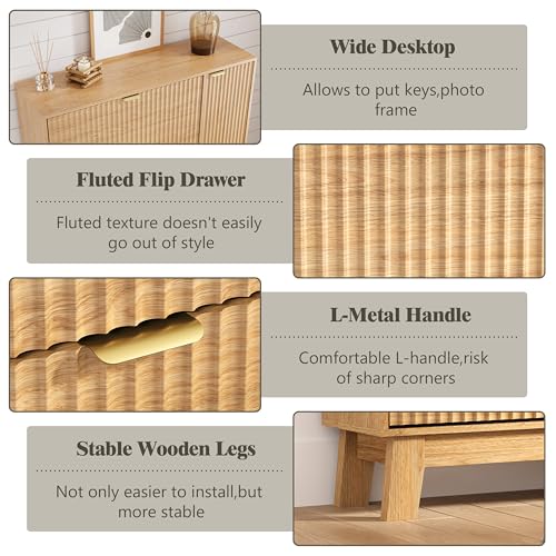 Image of Shoe Cabinet Storage for Entryway with 3 Flip Drawers & Side Cabinet, Fluted Narrow Shoe Organizer with Wooden Leg, Freestanding Shoe Storage Hidden Shoe Rack Organizer for Front Door Entrance, Oak