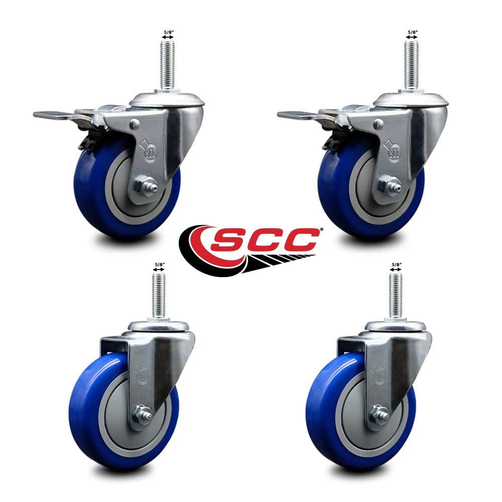 Polyurethane Swivel Threaded Stem Caster Set of 4 w/4” x 1.25” Blue Wheels and 5/8” Stems - Includes 2 with Total Locking Brake - 1400 lbs Total Capacity - Service Caster Brand
