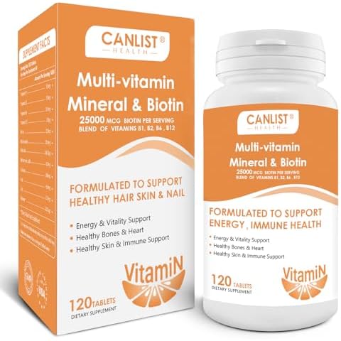 CANLIST Hair Skin and Nails Multi-Vitamin for Men & Women, 25000mcg Biotin & Multimineral, Contains B-Vitamins, Vitamins C, E & D3, Trace Minerals, Zinc, Gluten-Free, Dairy-Free, Soy-Free, 120 Tablets Cover