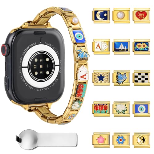 Gold Italian Charm Bracelet Apple Watch Band, Custom DIY Interchangeable Link Strap with 15 Trendy Charms, Compatible with Apple Watch 38/40/41/42/44/45/49mm (Gold- A（15PCS Charms Band）, 44/45/46mm)