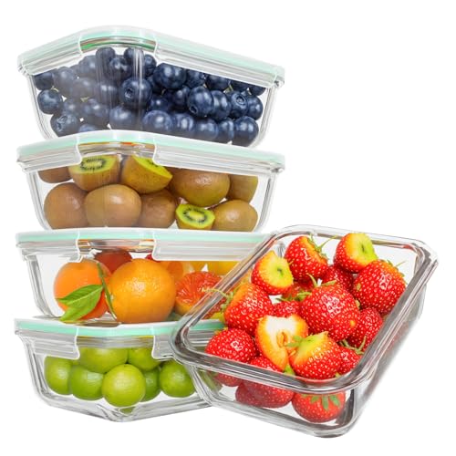 Feshory 5 Pack Airtight Glass Food Storage Containers with Lids (1040 ML/35Oz) - Glass Meal Prep Food Containers Lunch Box Safe for Microwave Freezer Dishwasher Kitchen Storage & Organisation