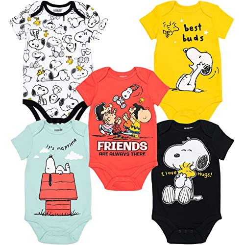 Peanuts Snoopy Charlie Brown Baby Boys 5 Pack Short Sleeve Bodysuit Multi 3-6 Months