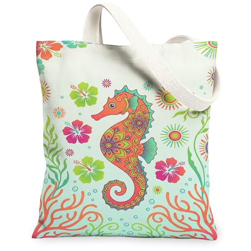 Bolsa de lona para mujer, diseño de caballitos de mar para mujer, flores tropicales coloridas, coral, verano, naranja, lavable, reutilizable, bolsas de comestibles, ideas para, Naranja, 13x15 Inch