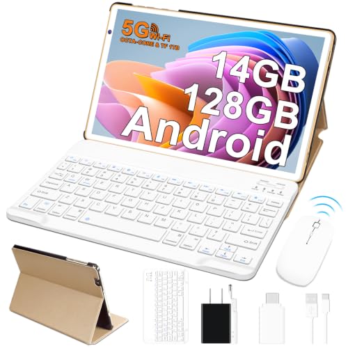 Image of 2026 Lastest Tablet 10 inch Android Tablet with 14GB RAM 128GB ROM, Octa-Core 2.0 GHz, 8000mAh Battery, 5G WiFi, BT 5.0, HD IPS Touchscreen, GMS, 5 MP + 8MP Dual Camera,Tablet with Keyboard Mouse,Gold