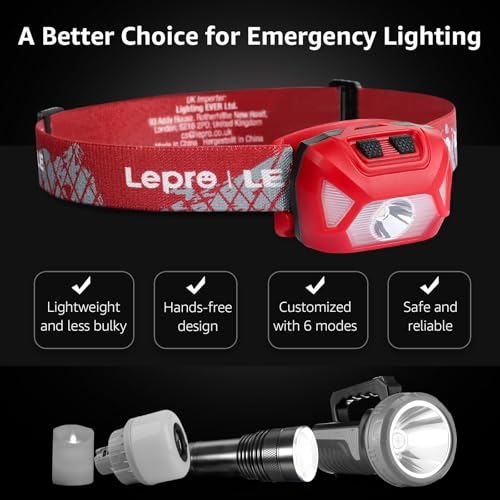 Image of Lepro 320015 Battery Powered Headlamp - 1300Lux Super Bright LED Head Lamp with Red Light, IPX4 Waterproof Headlights for Outdoor Camping, Hiking, Hunting, Power Outages, Emergency, Hurricane - Red