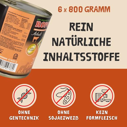 ROPODOG Hundefutter Nassfutter 6×800 g für Erwachsene Hunde Aller Rassen Premium Qualität getreidefrei, proteinreich, gut verträglich – Vollnahrung im Vorratspack (Rind & Kalb)