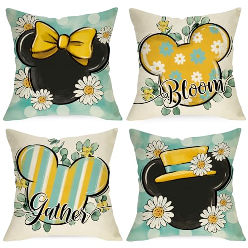 Ussap Spring Summer Decorative Throw Pillow Covers 18 x 18 Set of 4 Daisy Flower Eucalyptus Leaves Bloom Gather Cushion Case Decor Teal Yellow Stripes Polka Dot Home Decoration