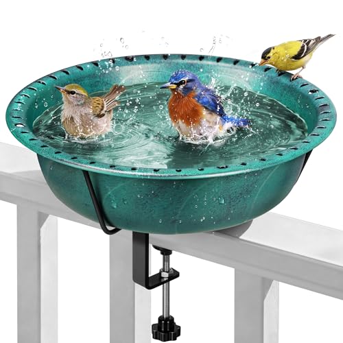 VIVOHOME Deck Mounted Bird Bath for Outside, Weather-Resistant ABS Bird Bath and Feeder with Adjustable Metal Clamp for Railing, Fence, Balcony, 1.45 Gallons, Green