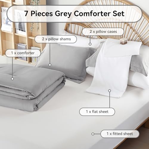 Image of weigelia King Size Comforter Set 7 Pieces Grey Bed Comforter Set Bed in a Bag Solid Color Soft Microfiber King Bedding Set with Sheets Pillow Shams and Pillowcases