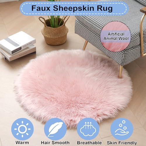 HARESLE Runder Kunstfell Teppich, Super Flauschiger und Weicher Kleiner Teppiche, Teppich Rund für Schlafzimmer, Wohnzimmer, Kinderzimmer, Lounge (Rosa,50cm/20 Zoll)