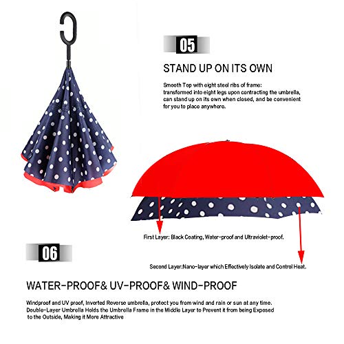 Image of MRTLLOA Double Layer Inverted Umbrella with C-Shaped Handle, Anti-UV Waterproof Windproof Straight Umbrella for Car Rain Outdoor Use (N-Red Dot)
