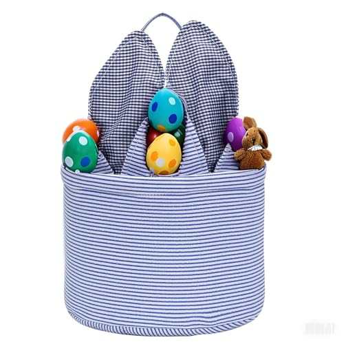 Image of Easter Basket Seersucker Egg Hunt Bunny Baskets for Kids with Cute Rabbit Ears Stripe Storage Gifts Candies Personalized Easter Party Gifts