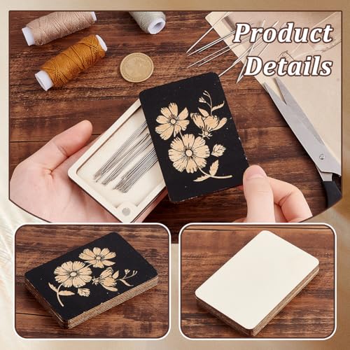 Image of AHANDMAKER 2 pcs Wooden Needle Box Sewing Needle Storage Box Sewing Pins Organizer with Flower Print for Quilters, Sewers, Tailors, Black,3.15x1.97x0.14 Inch