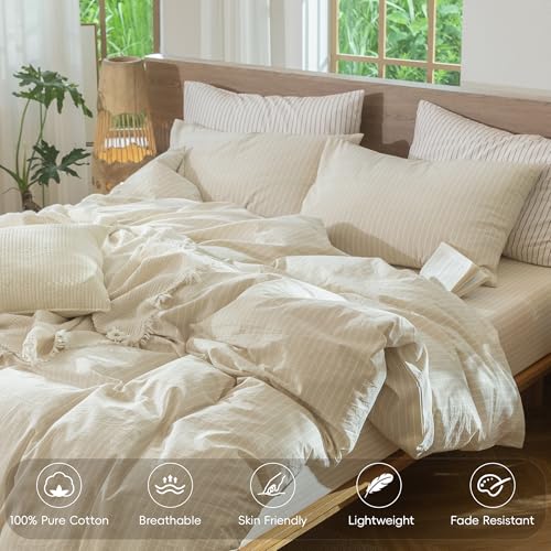 Image of MooMee Striped Duvet Cover Set 100% Washed Cotton Linen Like Oversized King | Relaxed Linen-like Texture. Soft, Breathable & Long-lasting Comfort. Lightweight. Hidden Zipper with 8 Interior Corner Ties