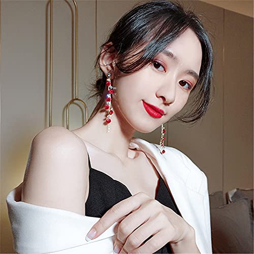ANDPAI Unique Chic Long Tassel Chain Red Purple Rose Flower Dangle Drop Stud Earrings with White Sparkly Crystal for Women Statement Jewelry Gifts4