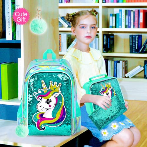 Image of CCJPX 16 inch Unicorn Backpack for Girls, 3Pcs Kids Sequin Bookbag with Lunch Box, Water Resistant Elementary School Bag for Kindergarten Preschool Toddler (Green)