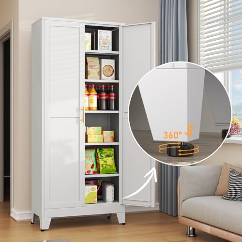 Image of White Metal Storage Cabinet,75 inch Steel Cabinets for Home Office | Kitchen Pantry Storage Cabinet with Doors and 5 Adjustable Shelves, Tool Cabinets, for Office, Home, Garage, School