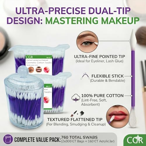Image of 760pcs CGR Precision Cotton Swabs packed in Acrylic swab canister with Pointed and Flattened Tip, Cosmetic Makeup Applicator(160pcs in canister, 2x300pcs in bags) (760)