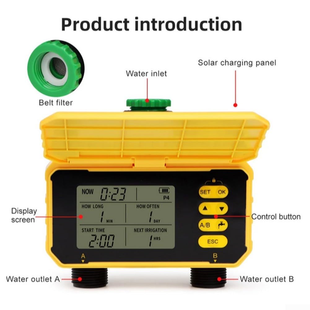 Timer sostenibile per irrigazione da giardino con 12 prese a energia solare, include funzionalità di rilevamento intelligente della pioggia (2 uscite)