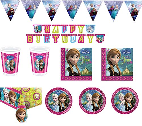 Kit coordinato per Feste e Compleanni FROZEN (Piatti-Bicchieri-tovaglioli-Tovaglia-festone e bandierine) (per 32 persone)