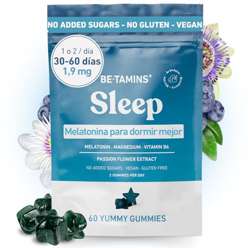 Melatonina Gominolas para Dormir Bien - Reduce el Insomnio y Mejora la Calidad del Sueño - Gominolas Melatonina Pura 1,9 mg + Vitamina B6 + Magnesio + Pasiflora - 60 Gummies sin Azúcar Añadido