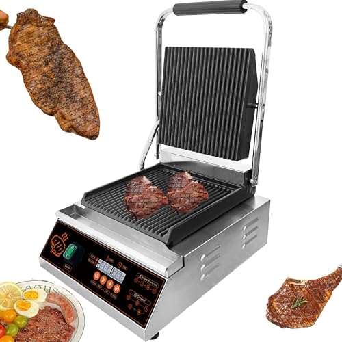 Asador Panini Comercial, Sandwichera Eléctrica de 1800W, Asador de Sándwich de Acero Inoxidable, con Control de Temperatura, 9'x9' con Placa Superior e Inferior Acanalada para Hamburguesa.