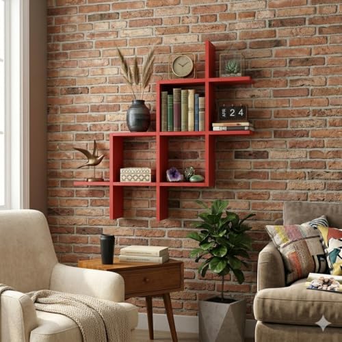 Image of Wooden Wall Shelves for Living Room, Kitchen, Hallway, Bedroom, and Bathroom; Wall Mounted Book Shelf; Wall Shelf for Photos and Decorations; Bend Shelve-Red
