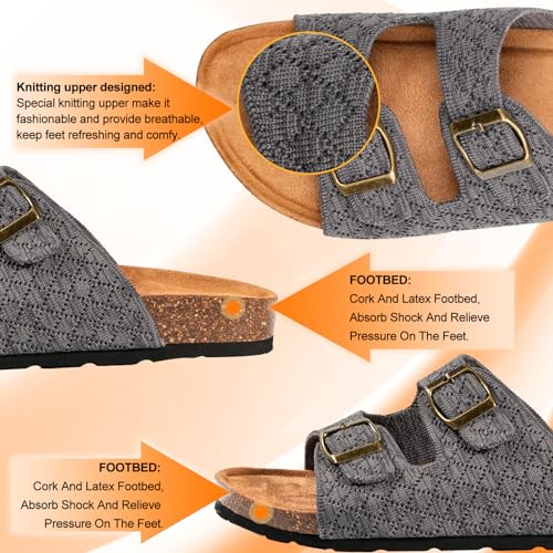 Image of Women's Comfy Arch Support Cork Footbed with Adjustable Unique Knitting Straps Slides Sandals, 9, Coal Grey