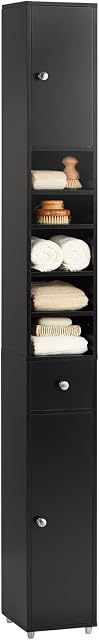 SoBuy BZR34-SCH Szafka łazienkowa Wysoka z 5 półkami rRegał łazienkowy z 1 szufladą i 2 drzwi 20 x 180 x 20 cm,Czarny
