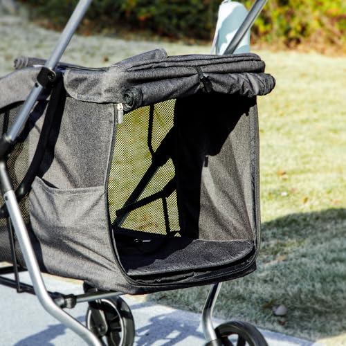 PawHut Hundewagen leicht Hundebuggy aus Aluminium klappbar für Hunde & Katzen Katzenbuggy mit Kissen Netzfenstern Türen Aufbewahrungskorb Katzenwagen Mini-Hundewagen für kleine Hunde Grau
