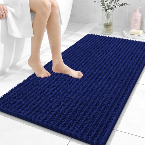 Image of OLANLY Bathroom Rug Mat 44x24, Thick Soft and Absorbent Chenille Bath Mat, Non-Slip Rubber Backing, Machine Washable Quick Dry Bath Rugs for Tub Shower Floor, Home Decor Accessories, Navy Blue