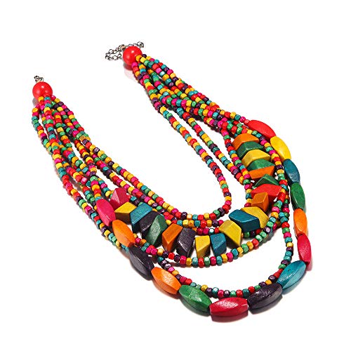 COLORFUL BLING Handmade Multi-Layer Chunky Wooden Beads Bib Necklace Earrings Set African Statement Collar Choker Multi Strand Necklace Boho Jewelry3