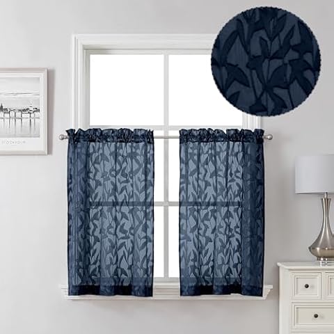 Lecloud Navy Blue Sheer Kitchen Curtains Cover