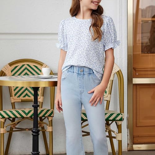 Tween Girls Boho Floral Puff Sleeve Shirt 6 to 15 Years Preppy Teens Loose Crewneck Shirts 2025 Trendy Clothes2
