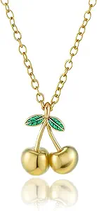 Elegant 18K Gold Cherry Pendant Necklace with Green Enamel Leaves Fashion Statement Accessories