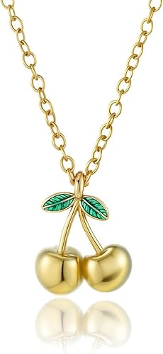 Elegant 18K Gold Cherry Pendant Necklace with Green Enamel Leaves Fashion Statement Accessories