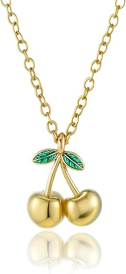 Elegant 18K Gold Cherry Pendant Necklace with Green Enamel Leaves Fashion Statement Accessories