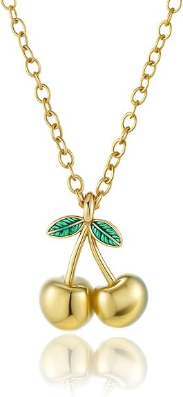 Elegant 18K Gold Cherry Pendant Necklace with Green Enamel Leaves Fashion Statement Accessories