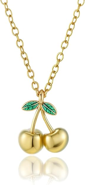 Elegant 18K Gold Cherry Pendant Necklace with Green Enamel Leaves Fashion Statement Accessories
