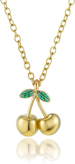 Elegant 18K Gold Cherry Pendant Necklace with Green Enamel Leaves Fashion Statement Accessories