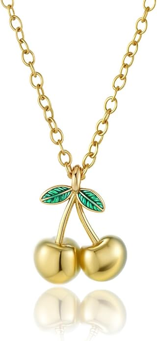 Elegant 18K Gold Cherry Pendant Necklace with Green Enamel Leaves Fashion Statement Accessories