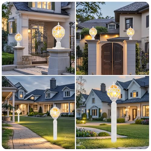 Image of White Outdoor Globe Post Lights, Exterior Waterproof Rustproof Sphere Outside Post Lamps Fixture, Farmhouse Aluminum Pillar Lantern for Porch House Pathway Fence Yard Garden Patio, No Sensor