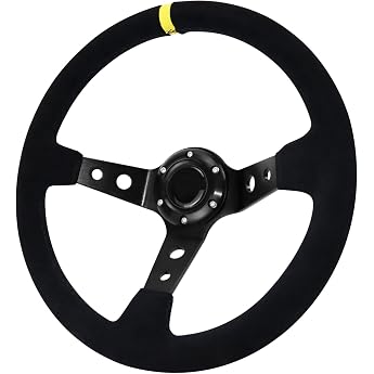 Acclcors Universal Racing Steering Wheel, Gaming Steering Wheel, 13.6 Inches, 6 Screws Handle, Suede Deep Dish with Horn Butt