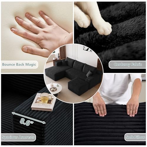 Image of Boneless Cloud Couch Comfy Sectional Couches for Living Room,U Shaped Sofa Couch in a Box with Ottoman Deep Seat Memory Foam Compressed Sofa(Black, 95 inch Left Facing Chaise)