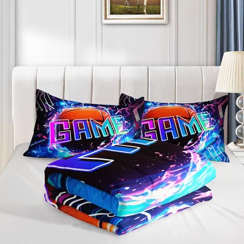 Image of Basketball Comforter Set 3D Sports Theme Printed Bedding Set with 1 Comforter and 2 Pillowcases for Boys and Girls Bedroom All Season(Basketball-2 Full)