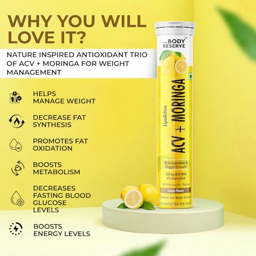 Image of The Body Reserve ACV Moringa Effervescent Tablets with Lemon Cider Vinegar, Cinnamon & Pomegranate | Supports Metabolism, Digestion & Energy | Lemon Flavor | Pack of 3 (60 Tablets)