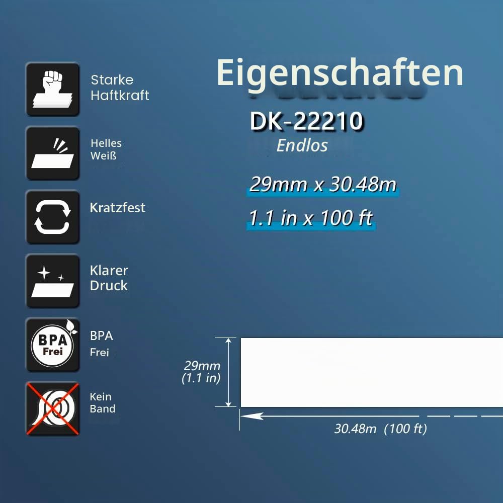 BETCKEY - 10 Rollen DK-22210 Endlosetiketten (Papier) Kompatibel mit Brother, 29mm x 30.48m, 10 Etiketten für Brother QL Etikettendrucker