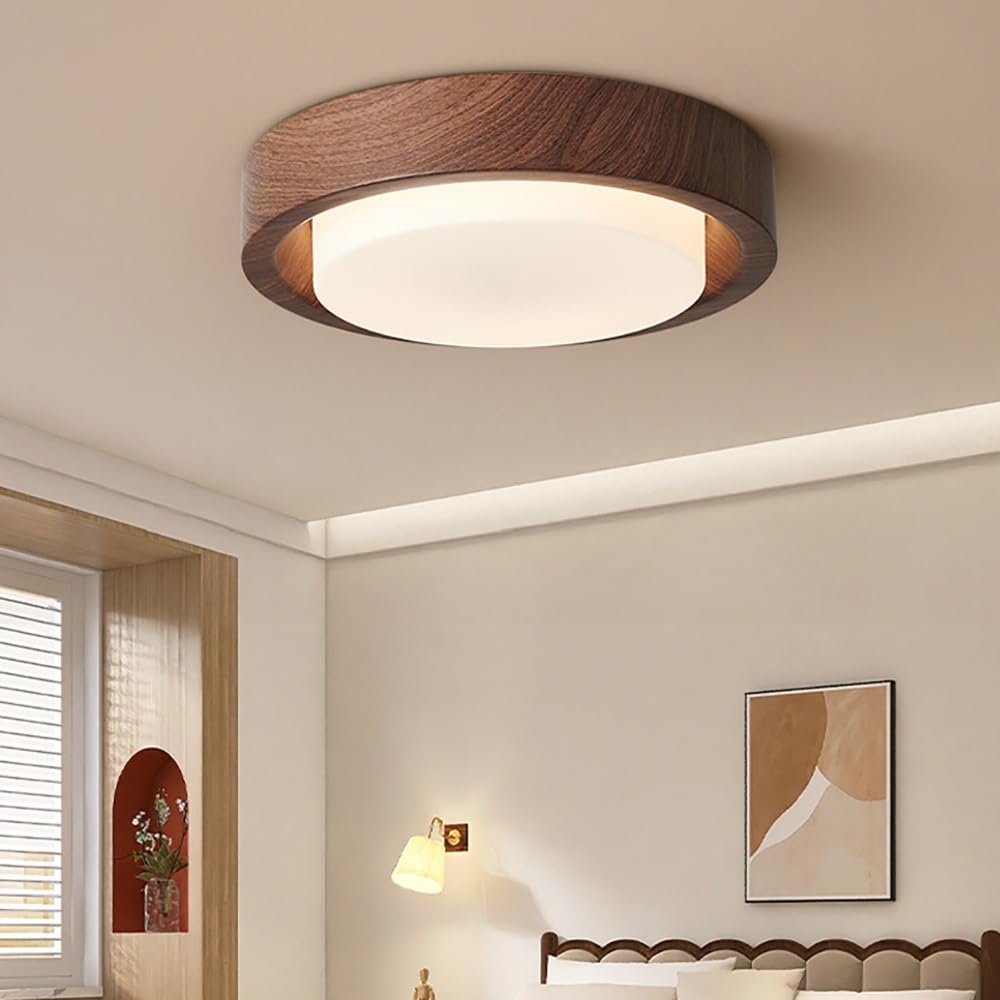 Lampy Sufitowa LED Okrągła Styl Drewna Nowoczesna, Plafon Regulowane Oświetlenie Sufitowe Pełne Widmo Sypialnia Korytarz(Walnut,33cm/12.99in)